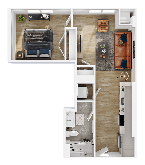 Floor plan for 1 bed, 1 bath, 596 sqft